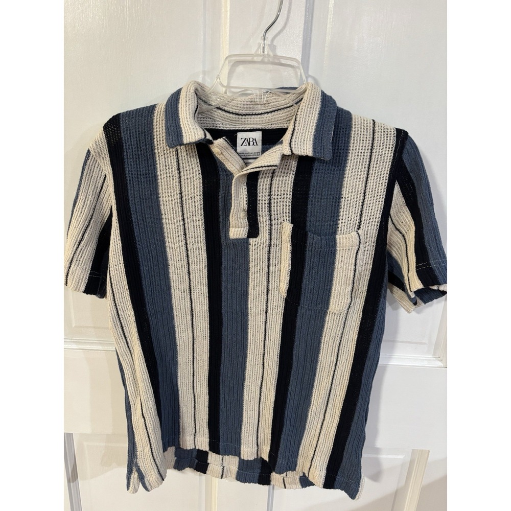 Zara Medium Blue Striped Knit Polo Shirt